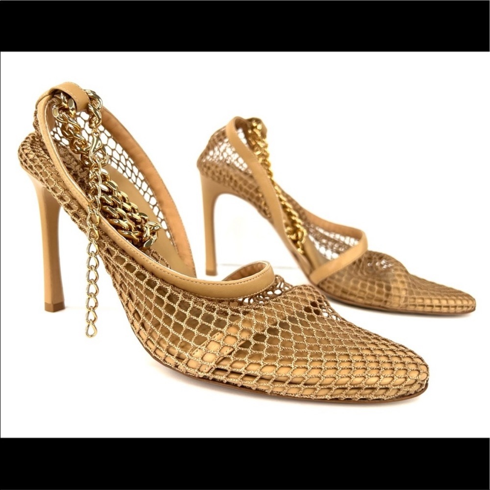 Bottega Veneta Stretch Chain Ankle Strap Nappa Leather Heel Mesh Pumps Size 37